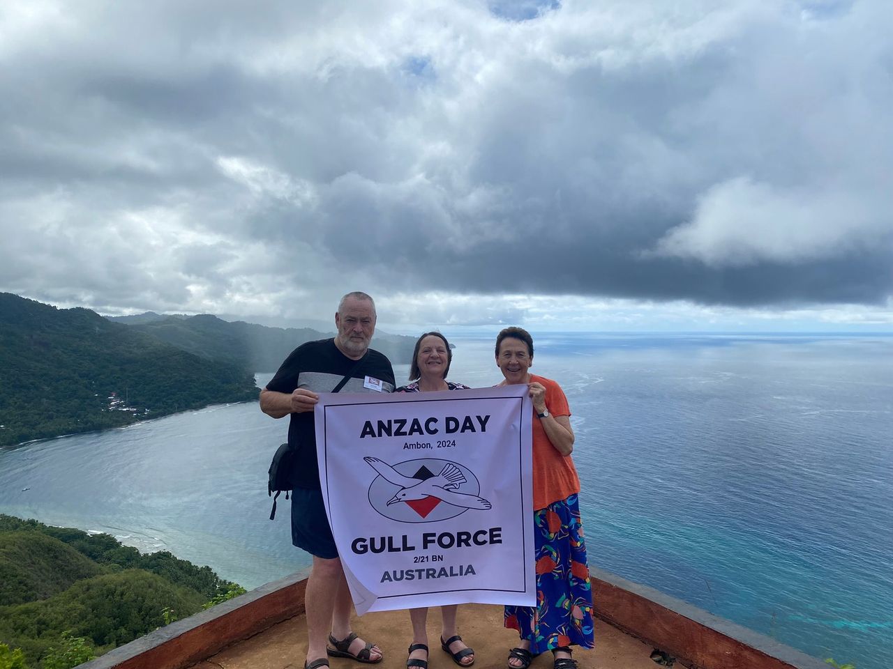 Joan Beaumont with members of the 2024 Gull Force Association pilgrimage, above Seri, Ambon