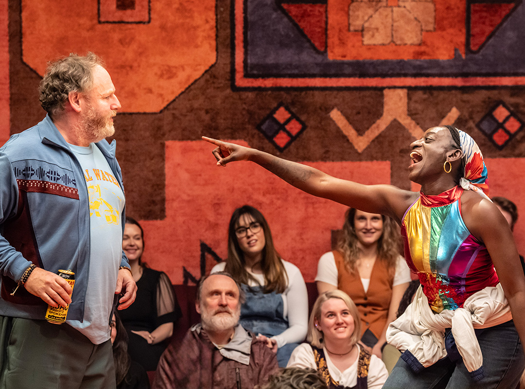 David Ganly as Boris Simeonov Pishchik and Sarah Amankwah as Charlotta photograph by Johan Persson