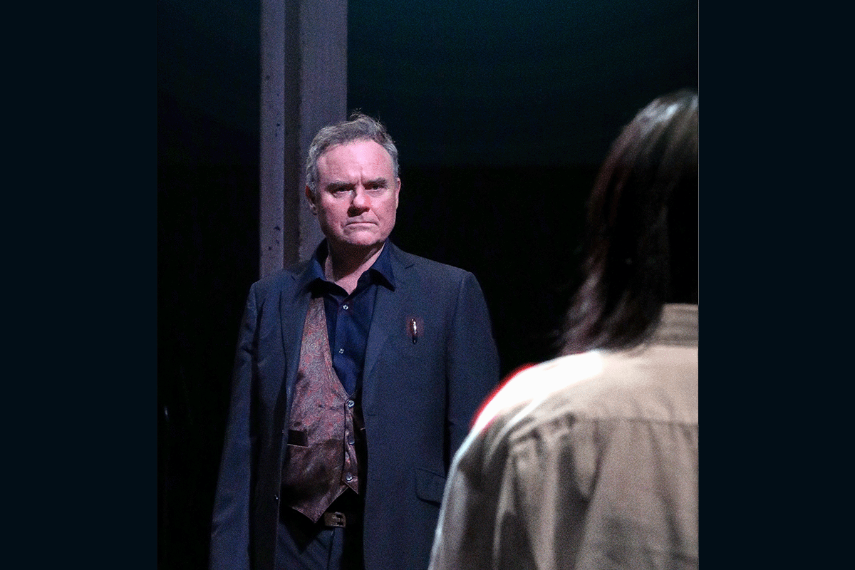 Darren Gilshenan as Polonius and Aisha Aidara as Ophelia (photograph by Ben Andrews)